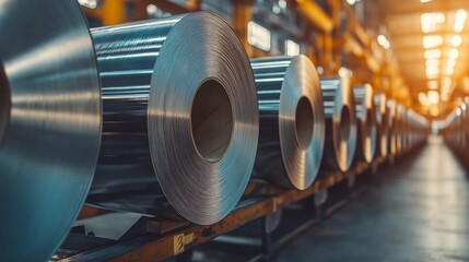 Aufkleber - Large aluminum rolls in an industrial metal processing plant, symbolizing manufacturing, engineering, and material supply chains, Generative AI