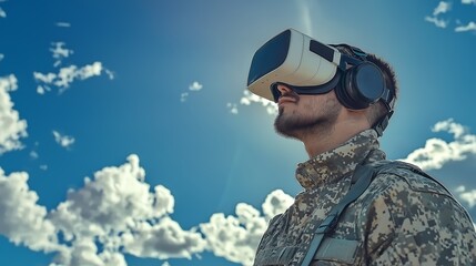 Poster - Modern soldier wearing a VR headset, looking up at the sky, symbolizing futuristic military technology and digital warfare, Generative AI