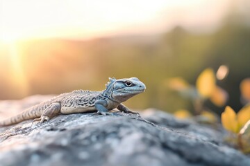 Wall Mural - Lizard basking on rock, illuminated by warm sunlight, surrounded