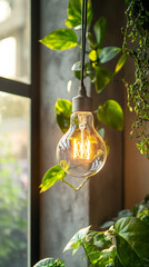 Poster - Soft glowing light bulb casting warm radiance over verdant plants, bathing window nook in intimate, soothing illumination