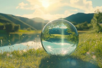 Wall Mural - crystal globe reflecting lush green landscape with environmental elements, soft dreamy atmosphere an