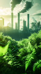 Poster - Lush fern vegetation grows near a polluting industrial plant, symbolizing the contrast between nature and human impact