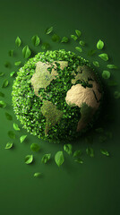 Poster - Earth globe covered by small green plants and leaves falling on green background representing environmental conservation and sustainability