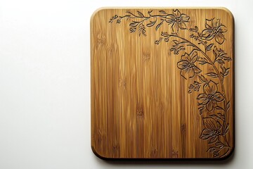 A beautifully decorated bamboo cutting board with intricate floral carvings, featuring a warm, natural wood grain texture, set against a clean, minimalist white background.