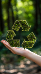 Poster - Hand holding a recycle symbol made of green moss in a forest, promoting environmental conservation and sustainable practices