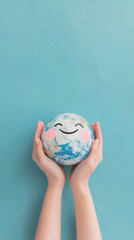 Poster - Hands holding a small globe with a smiling face painted on it, promoting environmental awareness and care for our planet