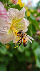 Poster - Close-up of a honey bee collecting pollen from a delicate flower, showcasing the beauty of nature and pollination in action