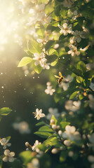 Poster - Honey bee flying and pollinating beautiful white flowers of a blooming tree during spring season, with warm sunset light