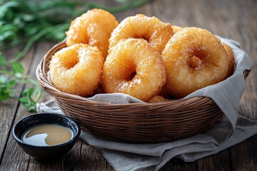 Wall Mural - Close-up of golden glazed donuts in a woven basket with sauce, showcasing the sweet treat against a rustic wood background, perfect for conveying a homemade, indulgent snack.