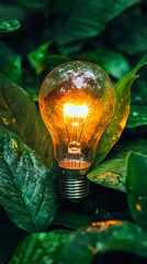 Poster - Glowing light bulb surrounded by wet green leaves, symbolizing green energy and environmental conservation