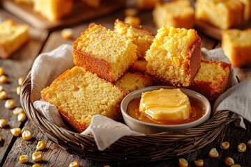 Wall Mural - Delicious homemade cornbread and honey butter in a rustic basket on wooden table, capturing the cozy and inviting atmosphere of a traditional country kitchen setting.