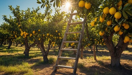 a rustic wooden ladder resting against a citrus tree filled with ripe lemons in a bright orchard, il