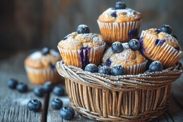 Wall Mural - A rustic basket overflowing with blueberry muffins dusted with powdered sugar, complemented by scattered fresh blueberries, presented on a wooden table.