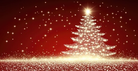Wall Mural - a shimmering christmas tree made of glowing golden sparkles on a deep red background with twinkling 