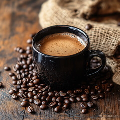 Wall Mural - Freshly brewed coffee in a black cup surrounded by roasted coffee beans 