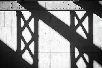 Poster - Abstract architectural monochrome image featuring a bridge structure shadow cast on a concrete wall, creating an artistic, minimalist urban background with strong geometric lines.