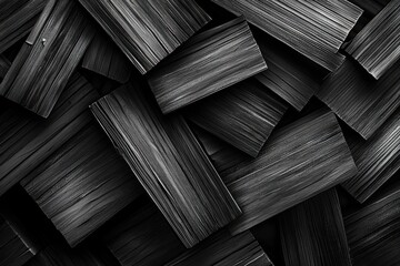 Poster - A captivating, textured background of randomly arranged dark wooden blocks, creating a unique and abstract geometric design with a focus on deep shadows and light.