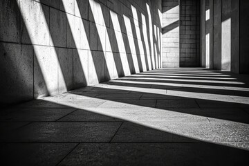 Poster - A striking monochrome image of a corridor, the interplay of light and shadows creating geometric patterns on textured walls and tiled floor, highlighting architectural details.