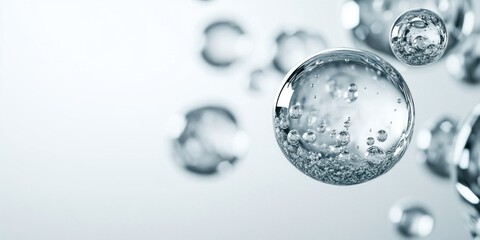 Poster - Close-up view of transparent spheres gracefully floating against a soft, blurred backdrop, capturing reflections and bubbles within