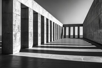 Poster - A striking monochrome image of a concrete structure with repeating vertical pillars, casting long shadows on the tiled floor, framing a glimpse of the sea horizon beyond.