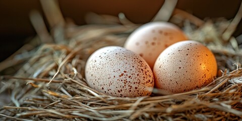 Detailed close-up of beautifully speckled eggs nestled in a natural nest made of grass and twigs, showcasing the tranquility of wildlife