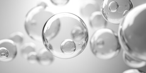 Poster - Close-up view of transparent spheres in various sizes gently floating in a soft and blurred background, enhancing visual tranquility