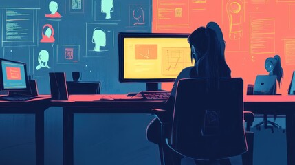 Poster - Woman working at computer, digital art, futuristic office, data visualization