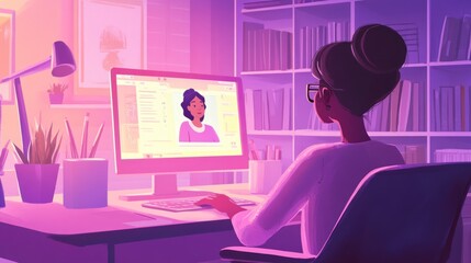 Poster - Woman working on computer, evening study room