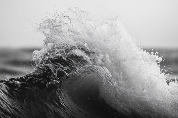 Poster - Dramatic monochrome wave crashing powerfully in the ocean, showcasing water's raw energy and motion, with a stark contrast of light and shadow, creating a dynamic scene