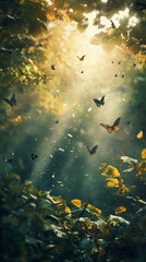 Aufkleber - Magical forest landscape with colorful butterflies flying among sunbeams and leaves, creating a dreamy atmosphere