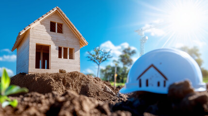 Miniature house model placed on dirt pile with hardhat and crane in background representing the concept of house construction