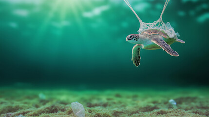 Wall Mural - marine turtle entangled in floating plastic debris, highlighting ocean pollution crisis with stark u