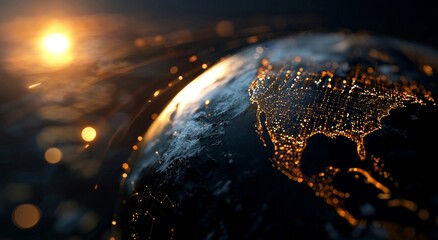 Poster - Data analytics, corporate logistics, and business strategy are intertwined with internet technologies and virtual reality innovations, as depicted in a 3d illustration of a hologram planet with