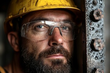 Poster - At a heavy industry manufacturing factory, industrial engineers in hard hats work alongside other industrial workers indoors, with one man working and prioritizing safety