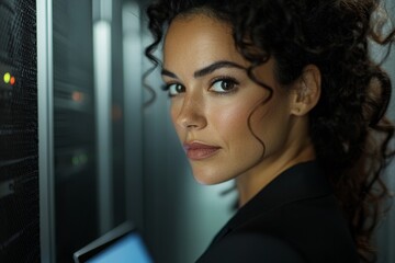 Poster - a female engineer is currently working inside a modern data center's server room