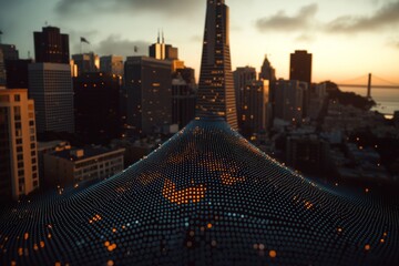 Poster - A cityscape with a mock location in the sky and a wireframe waterfront, symbolizing technology, smart cities, and logistics through double exposure