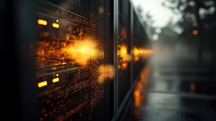 Poster - conceptual representation of a dimly lit server room in 3d, featuring sizable racks equipped with nu