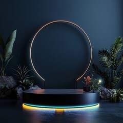 Poster - a 3d rendering of a sci-fi mech circle shape pedestal with a glowing led light, set against a grunge