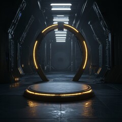 Poster - the image features a futuristic mech circle shape pedestal with glowing led lights and a dark, grung