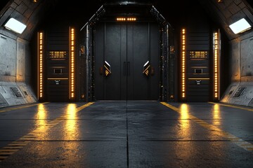 Poster - abstract room featuring intergalactic high-tech doors equipped with instruments, display, and neon l