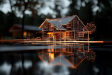 Poster - A holographic representation of a luminous abstract home set against a black background, symbolizing AI, information, and intelligent housing concepts, available as stock