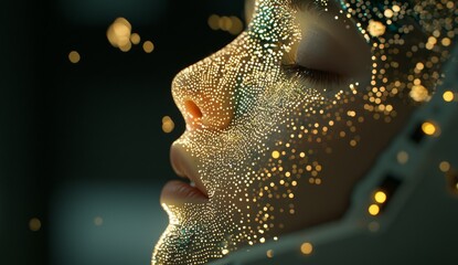 Poster - A blue human's head and face are outlined with concepts of a digital brain, featuring a neural network of big data and a stock circuit board, as depicted in a computer stock illustration image