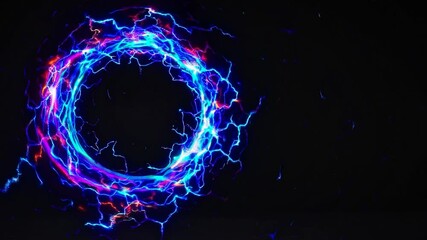 Poster - Bright, colorful electric plasma ring rotating against a black background, creating a stunning abstract circular shape filled with vibrant colors and ample copy space for creative use
