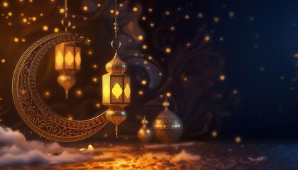 Poster - Ornate golden crescent moon, intricate Islamic lanterns, Ramadan decoration, magical atmosphere, warm glowing lights, bokeh background, copy space