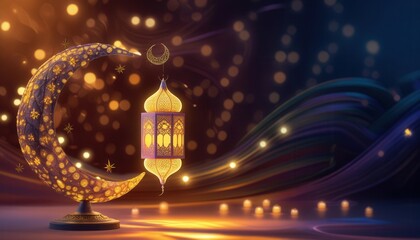 Poster - Ornate golden crescent moon, intricate Islamic lanterns, Ramadan decoration, magical atmosphere, warm glowing lights, bokeh background, copy space