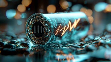 Poster - Futuristic abstract background featuring a blue digital battery logo surrounded by a rotating particle ring circle and incorporating an ai technology icon to represent power reserve concepts