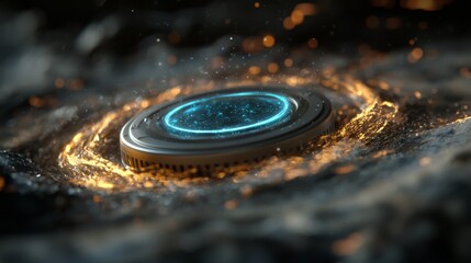 Poster - Futuristic abstract background featuring a blue digital battery logo surrounded by a rotating particle ring circle and an earth sphere with an AI technology icon representing power reserve concepts