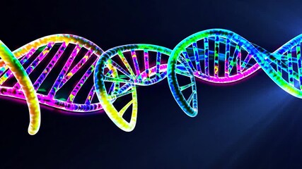 Poster - Colorful dna helix rotating against a dark blue background, illustrating the complexities of genetic code, highlighting advancements in scientific research and biological innovation