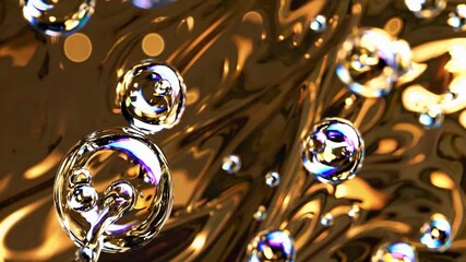 Poster - Golden liquid surface with floating bubbles reflecting light and color, creating a mesmerizing and abstract visual with a luxurious feel, perfect for backgrounds and design projects