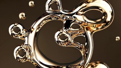 Poster - Golden, viscous liquid splashing, swirling, and forming bubbles against a blurred gradient background, creating a visually appealing abstract scene with a luxurious feel